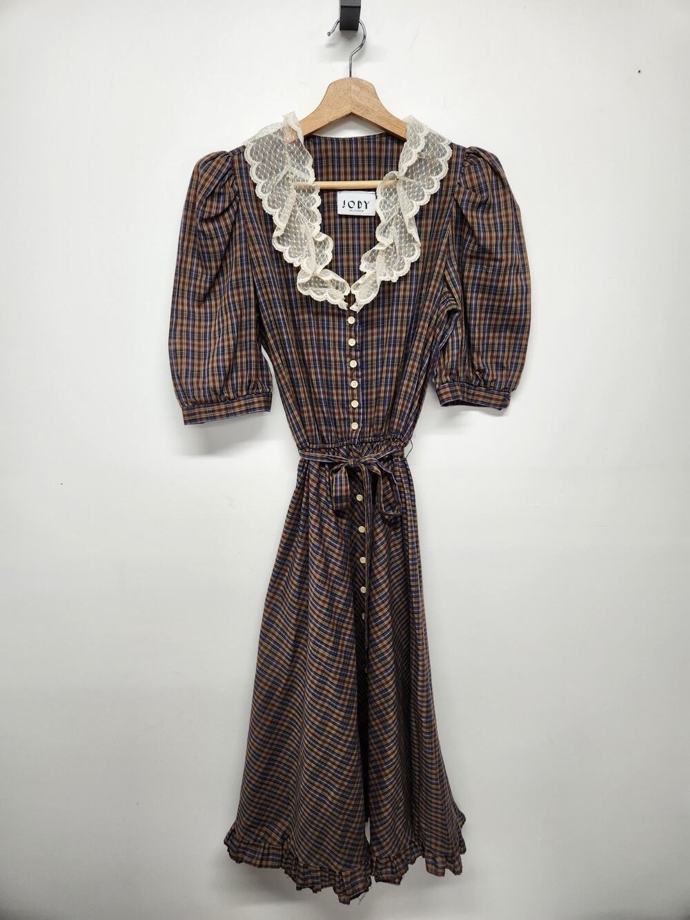 Vintage Jody California Women's Plaid Button Up Midi Dress, Size M-L, Brown/Blue